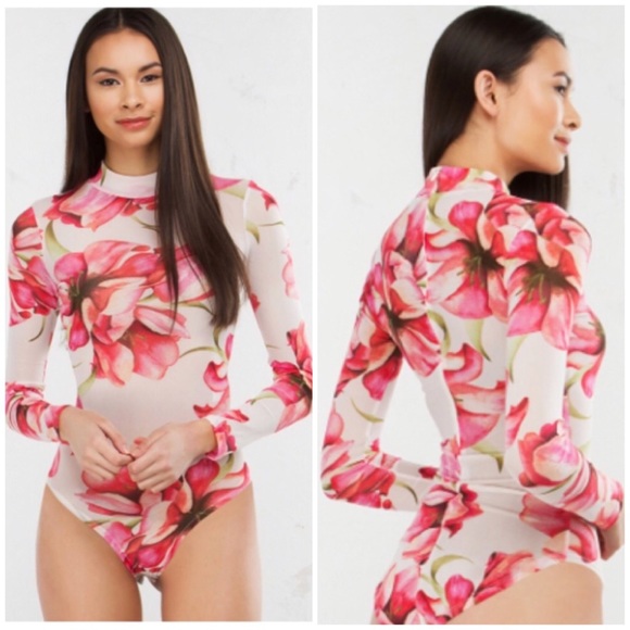 AKIRA Tops - 💐HP💐FLORAL MESH BODYSUIT IN IVORY
